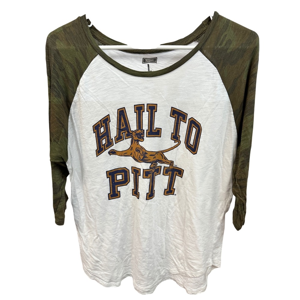 Tailgate Hail to Pitt Panthers Baseball Tee Shirt Large Green Camo Sleeve